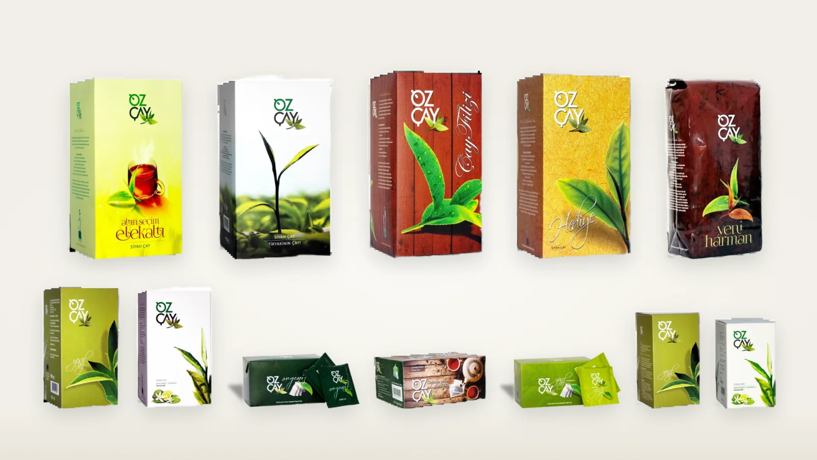 The full OZCAY range side by side: Gold Selection, The Devotee's Tea, First Shoots, Gift Tin and New Blend black teas, green tea, bergamot bud tea, black and green cup bags and teapot bags